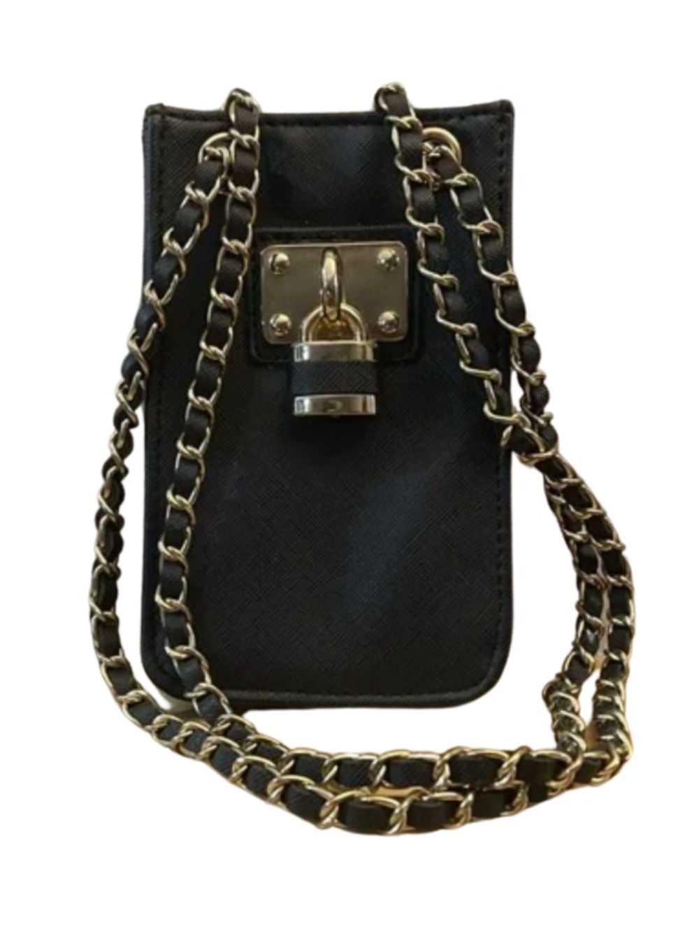 Black Faux Leather Cell Phone Holder Mini Bag Crossbody Gold Chain